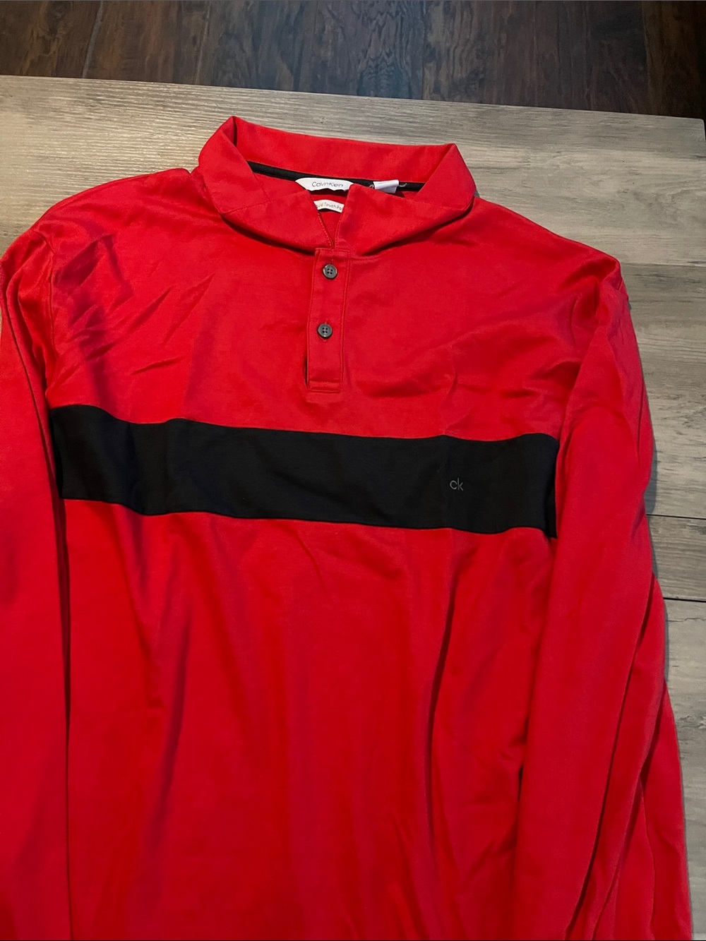 #A324 Calvin Klein Red Long-Sleeve Polo with Black Chest Band